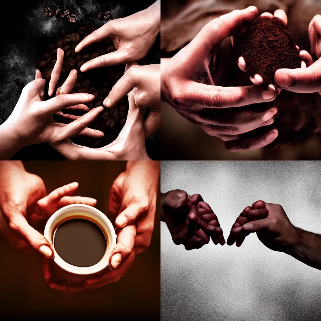 Prompt: demonic grasping hands made of coffee come out of a cup, creepy, horror, photorealistic, moody lighting, 4K special effects