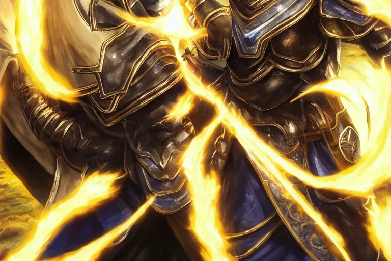 Image similar to an ultra detailed portrait of saladin as a shonen anime protagonist charging into battle wearing bright gold armor and huge flaming longsword blessed by god, epic anime fantasy, 8 k, volumetric lighting, smooth, highly detailed, digital illustration, art by kentaro miura and akira toriyama and artgerm