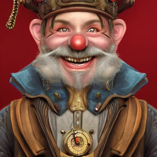 Image similar to 1800's vintage portrait of a grinning steampunk male gnome with big red nose, highly detailed, digital painting, art by Stanley Lau and Artgerm and magali villeneuve and Alphonse Mucha, artstation, octane render, cgsociety