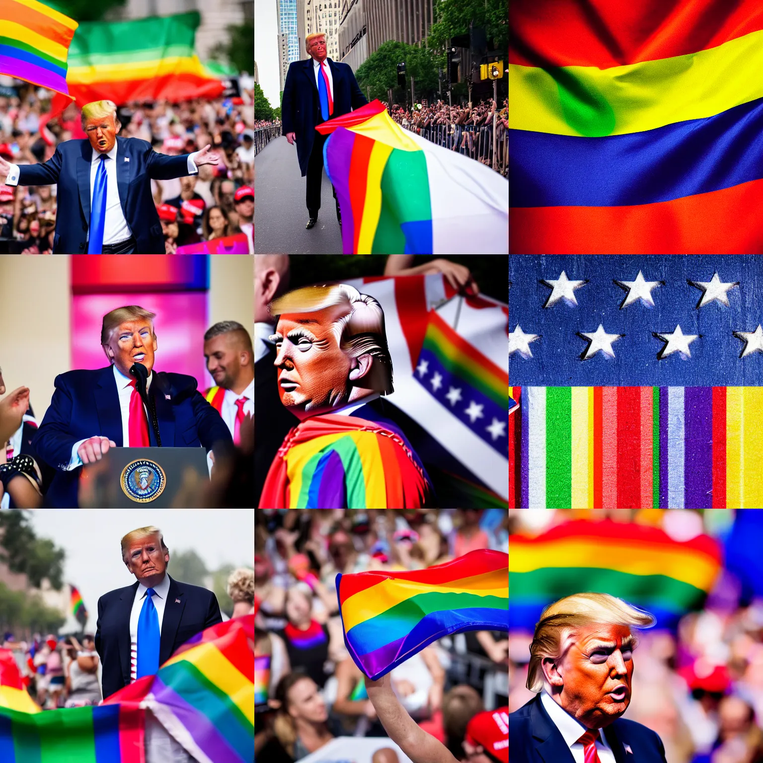 Prompt: Donald trump representing the Gay Pride community. 4k photograph, 50mm, bokeh