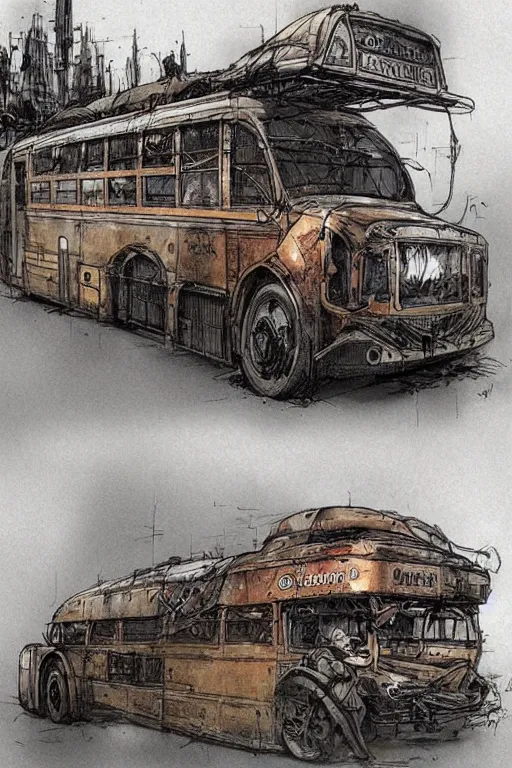 Prompt: bus concept art illustration by jean baptiste monge trending on artstation