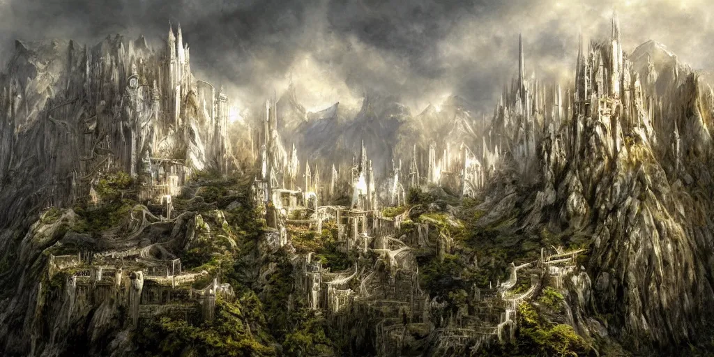 Image similar to an elven city built into the side of a mountain, tall white towers, tall white walls, by alan lee, lord of the rings, smooth, detailed terrain, oil painting, matte painting, concept art, trending on artstation