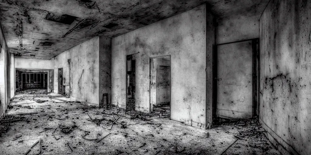 Image similar to abandoned prison with ghosts, security camera, black and white, real