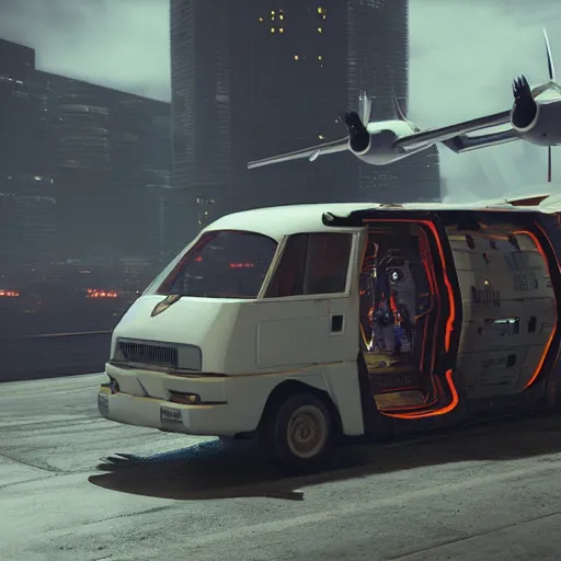 Image similar to cyberpunk alien concept of the a - team van with airplane wings in both sides flying in the sky, futuristic look, highly detailed body, very powerful, photorealistic camera shot, crisp quality and light reflections, unreal engine 5 quality render