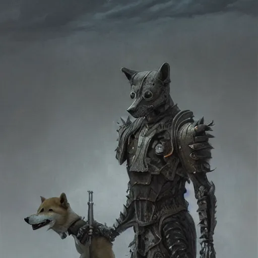 Image similar to armor made of bones, anthropomorphic shiba inu, stuning 3 d render, masterpiece, glowing black aura, foggy dark, by donato giancola and greg rutkowski and wayne barlow and zdzisław beksinski, realistic face