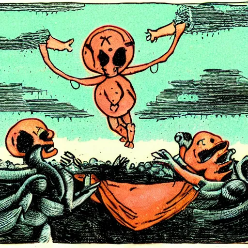 Image similar to mort carvello illustration of millions of mars needs moms hoisting their infants toward the moloch statue moloch burns with the fire of one thousand babies
