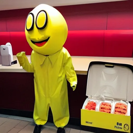 Image similar to anthropomorphic fruit lemon working at mcdonalds wearing mcdonalds uniform