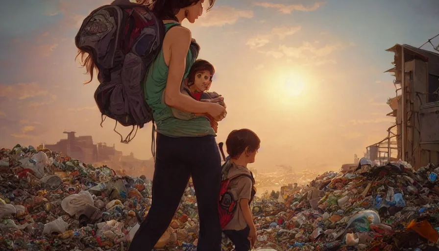 Prompt: mom with child wearingbackpack exploring the garbage dump, city is pure wasteland, sunset in background, detailed characters, alphonse mucha, greg rutkowski, trending on artstation, artgerm, breathtaking, sharp focus, smooth, mark arian, award winning, highly detailed 4 k art