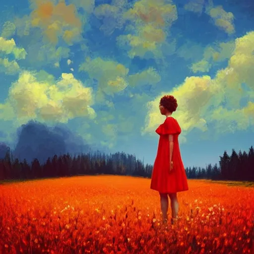 Image similar to giant red flower afro, girl standing in a field with flowers, surreal photography, hills, big trees, sunrise dramatic light, impressionist painting, colorful clouds, digital painting, pointillism, artstation, simon stalenhag