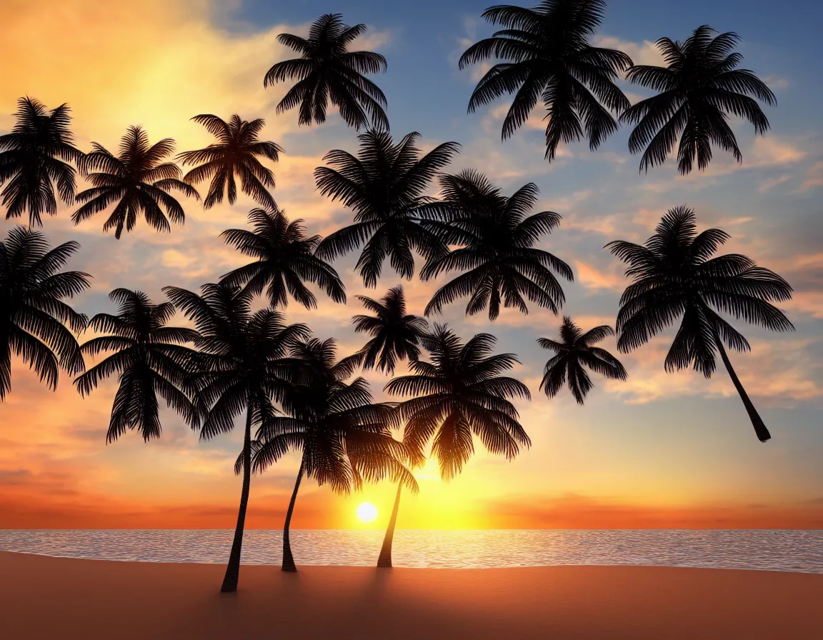 Prompt: 3 d rendering o photorealistic flying sandy beach flat planet with one exotic palm tree, sunset lighting