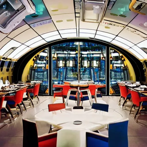 Prompt: space station interior with big windows around futuristic restaurant with colorful people dining and drinking