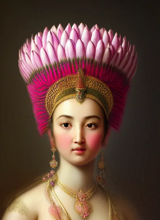 Image similar to stunning afgan godess princess, detailed pink and white protea head peace against a black backdrop by ivan aivazovsky, 3 / 4 view portrait, wlop, super sharp details, photorealism, canon 5 d, 5 0 mm lens, stunning photoshot, beautiful soft lighting, muted colours, artstation