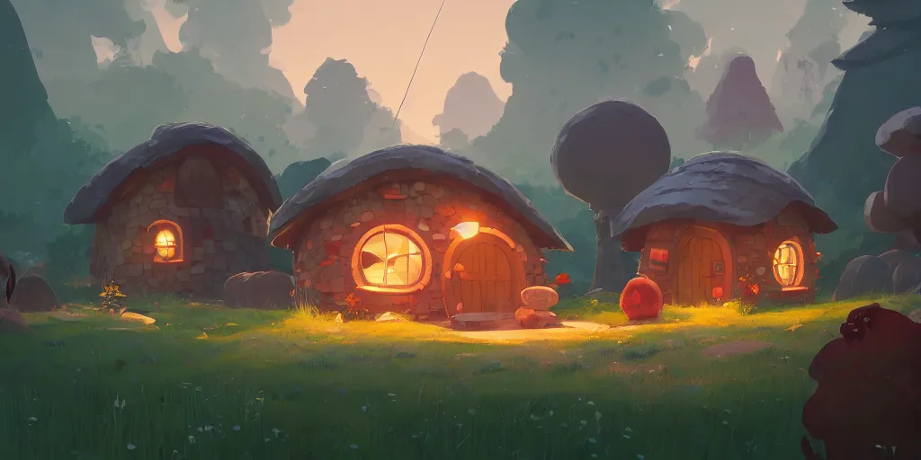 Prompt: small hobbit mushroom houses, red, by cory loftis & akihiko yoshida & james gilleard & atey ghailan & makoto shinkai & goro fujita & studio ghibli, rim light, exquisite lighting, clear focus, magic atmosphere, lights, night, very coherent, plain background, soft painting, photorealistic, unreal engine 5, 4 k