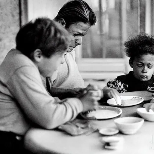 Image similar to black and white photograph of family at table by Eugene Richards