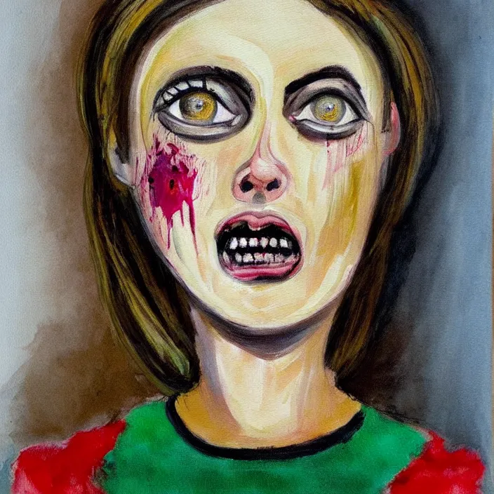 Image similar to nice quality and nice everything painting of a nice portrait of the girl with nice facial features, thick eyebrows, dark shadows under eyes, bright eyes sweater and shorts, at the psych ward laughing at the viewer, stylistically like Range Marata and stylistically like old French horror movies from the 1960s, softly shadowed, enjoyable, with quality provio. rendered with 3D effect.
