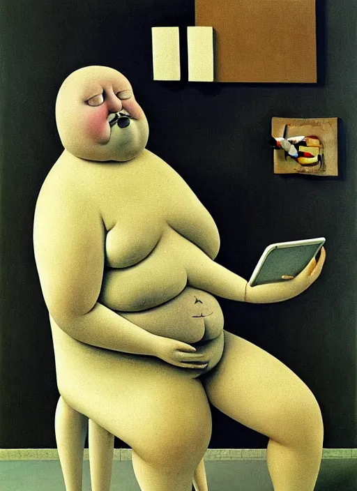 Prompt: fat man sitting on chair looking at his smartphone, hysterical, sweat, fat, frustrated, art by gertrude abercrombie hans bellmer