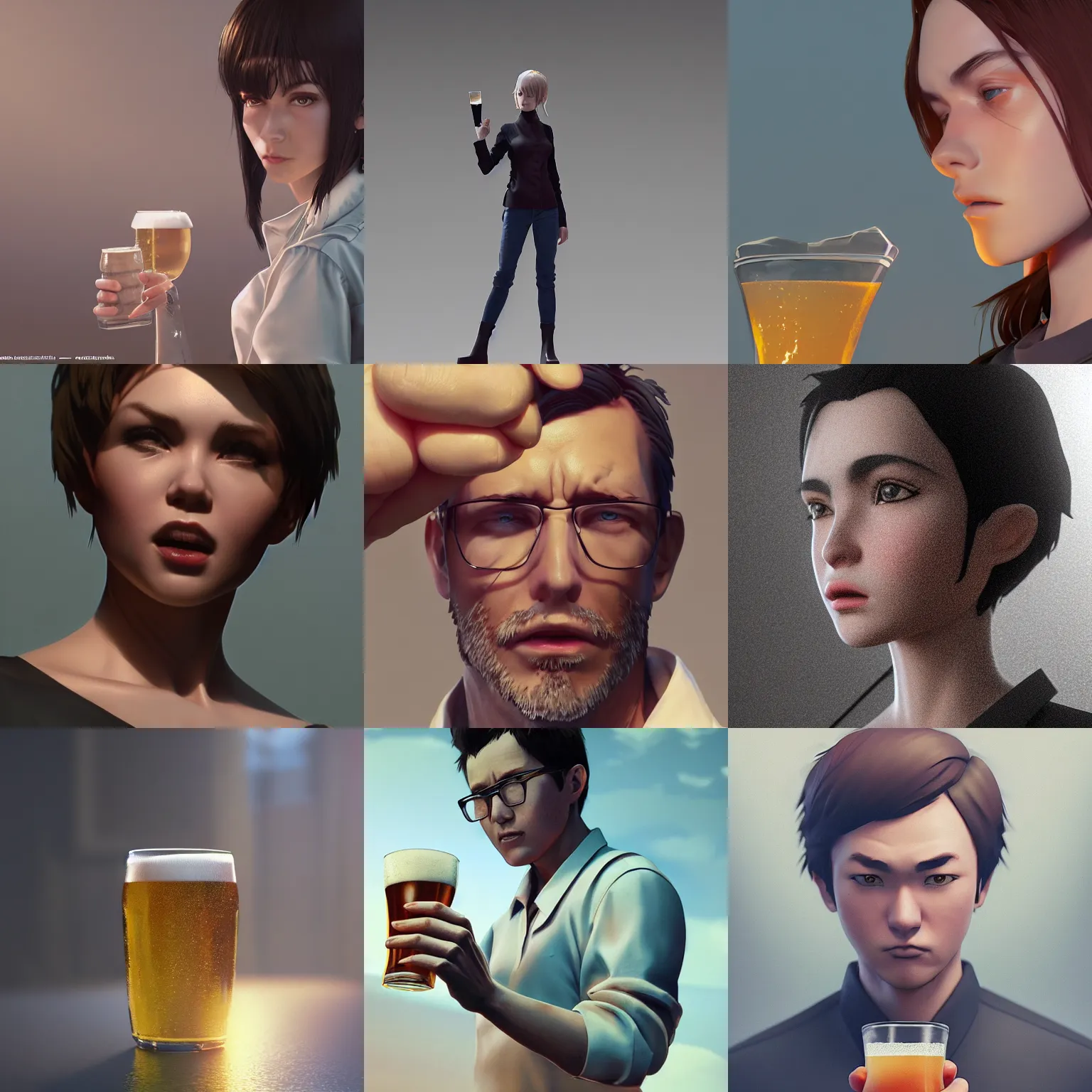 Prompt: Clothed,worksafe.at CGSociety by WLOP,ilya kuvshinov,krenz cushart,Greg Rutkowski,trending on artstation.Zbrush sculpt colored,Octane render in Maya,Houdini VFX.Close-up beer glass.Cinematic dramatic atmosphere,sharp focus,soft volumetric studio lighting.