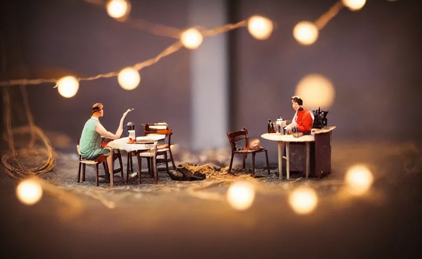 Image similar to mini cafe for mice diorama macro photography, ambient, atmospheric photograph, string lights, romantic