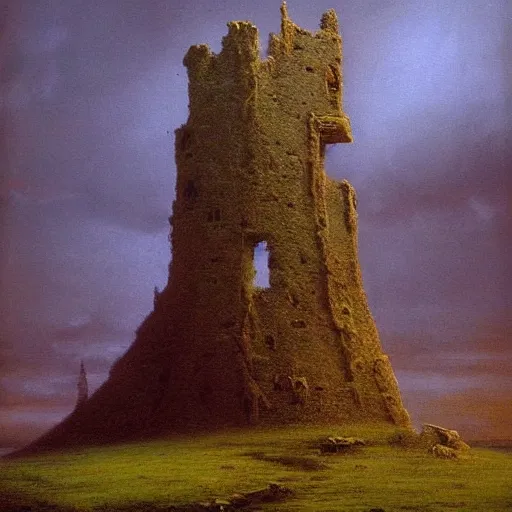 Image similar to ruined tower atop a hill, painting, john martin, Zdzisław Beksiński, masterpiece, landscape, moody, atmospheric