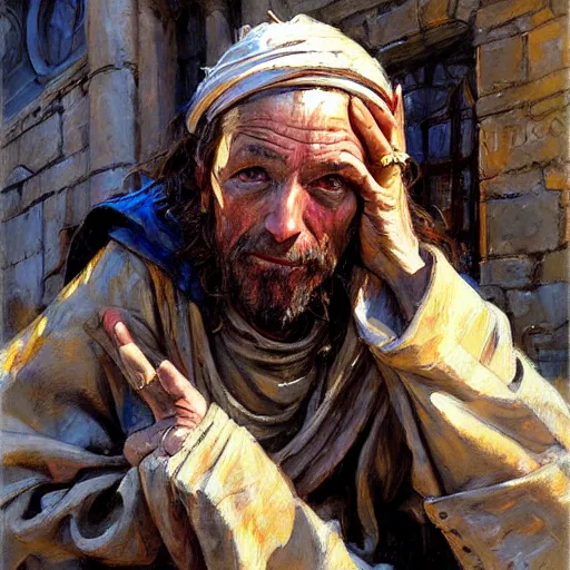 Prompt: talking medieval beggar in rags with a drop, hands over head, fantasy character portrait by michael garmash, donato giancola
