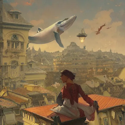 Prompt: Whales in the sky over the rooftops, highly detailed, digital painting, artstation, illustration, art by artgerm and greg rutkowski and alphonse mucha