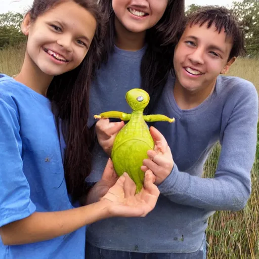 Image similar to a photograph of students smiling while holding an alien they found in a field