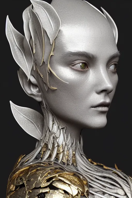 Image similar to bw close - up profile face, black background, beautiful young porcelain vegetal - dragon - cyborg - female, 1 5 0 mm, beautiful natural soft rim light, silver gold details, magnolia leaves and stems, roots, mandelbot fractal, elegant, ultra detailed, white metallic armour, octane render, h. r. giger style