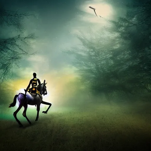 Image similar to arrows struck astronaut riding a horse in a fantasy forest, landscape, morning ambience, cinematic, digital art, front lit, epic, cinematic