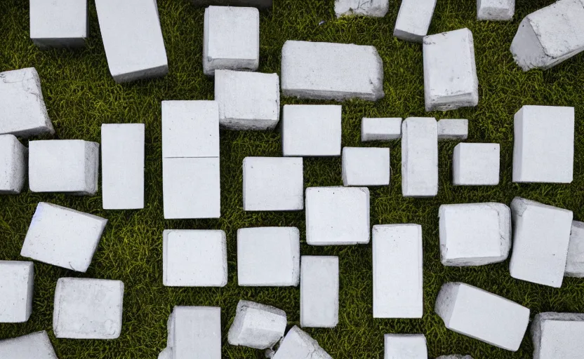 Prompt: color image, five identical large white concrete blocks, empty grassy plain