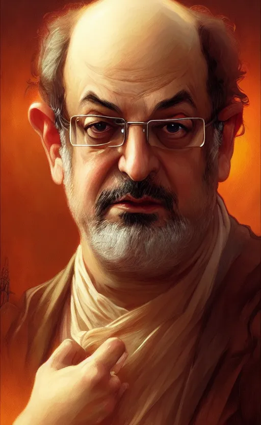 Image similar to portrait of salman rushdie, deep focus, d & d, fantasy, intricate, elegant, highly detailed, digital painting, artstation, concept art, matte, sharp focus, illustration, art by artgerm and greg rutkowski and alphonse mucha