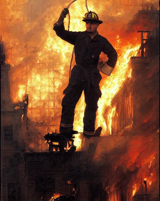 Prompt: tom hardy as a firefighter at a burning nyc building, smoke and flames, painting by gaston bussiere, craig mullins, j. c. leyendecker