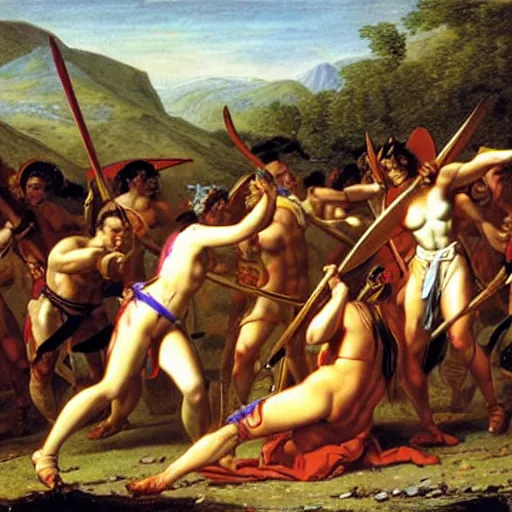 Image similar to muscular warrior women, amazonian warrior women, women fighting men, muscular men, spartan warrior men, clashing in bloody field, art by jacques - louis david