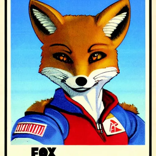 Image similar to 1 9 8 0 s video game art of fox mccloud from starfox in a space cadet uniform, propaganda poster, realistic