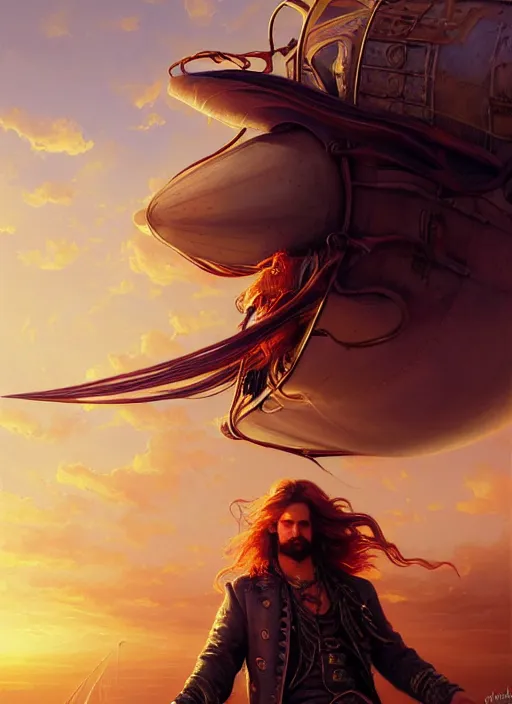 Image similar to portrait painting of a handsome face rugged long hair crimson hair male pirate, top half portrait soft hair steampunk ornate zeppelin blimp airship in the background sky sunset golden hour fantasy soft hair trending on artstation deviantart book cover art dramatic volumetric lighting art by stephan martiniere wlop greg rutkowski gaston bussiere