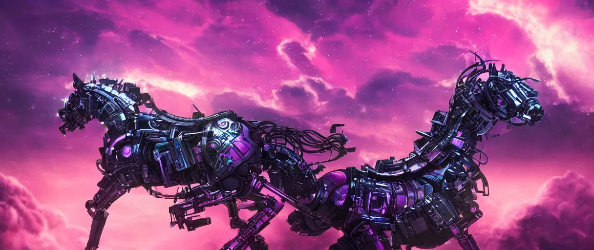 Prompt: space, a mechanical horse with a pink mohawk drives a pirate spaceship, punk, hyperdetailed illustration, stars, pink, neon, oil painting, rich deep colors masterpiece, ultra detailed, contrast, heaven pink, clouds, volumetric light, atmospheric lighting, dramatic, cinematic, moody, octane render 4 k, 8 k