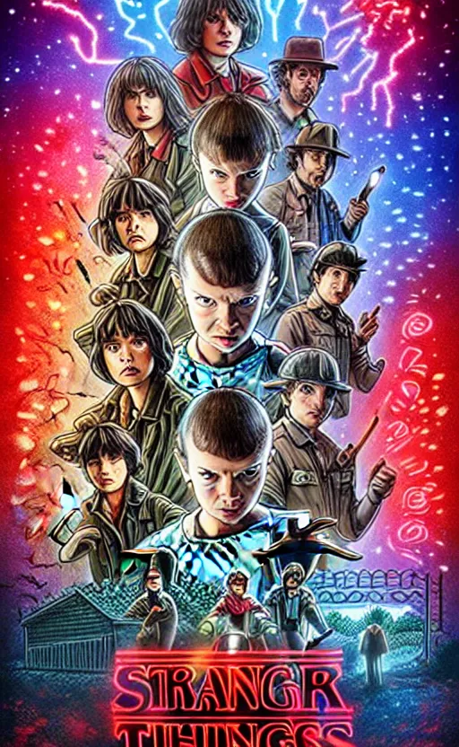 Prompt: a stranger things promotional poster in the style of miyazaki studio Ghibli. Anime manga