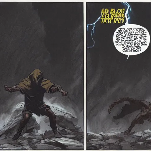 Image similar to a man in a black hoodie fighting a white god, vintage comic, greg rutkowski