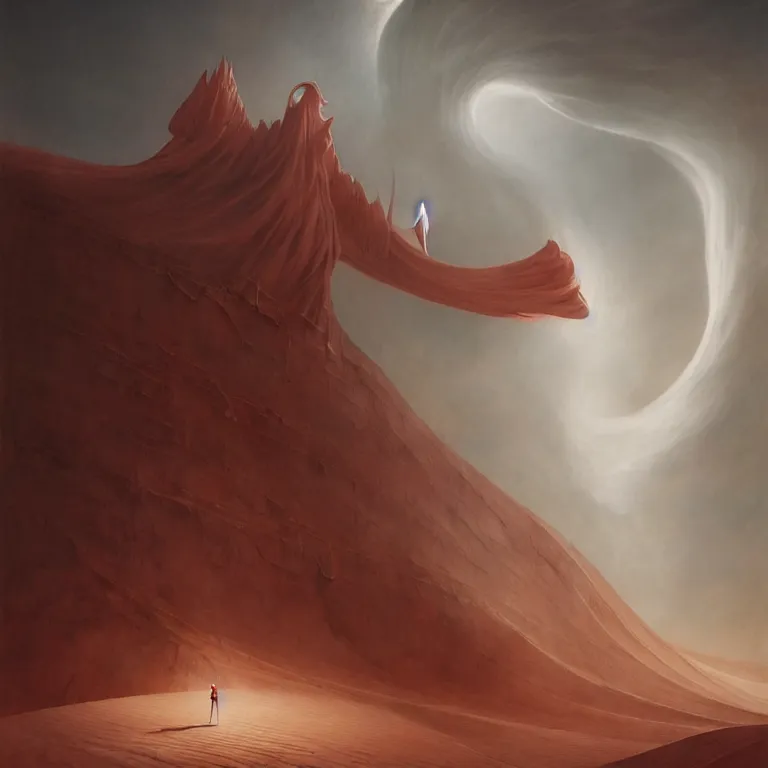 Image similar to one lone singular swirling otherworldly angel shrouded in red robes emerges from extensive barren white dunescape, matte painting by peter mohrbacher and filip hodas, background basilica sacrecoeur by hugh ferriss, godrays, high contrast, highly detailed, a