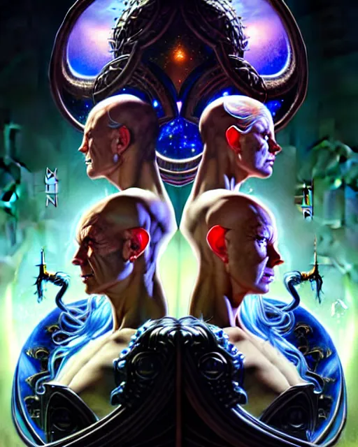 Image similar to a portrait of gemini good and evil fantasy character portrait facing each other, ultra realistic, wide angle, intricate details, the fifth element artifacts, highly detailed by peter mohrbacher, hajime sorayama, wayne barlowe, boris vallejo, aaron horkey, gaston bussiere, craig mullins