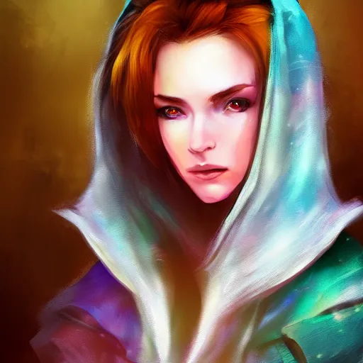 Prompt: portrait of female adventurer, with a cloak, detailed, colorful, Aleriia_V, art station, deviant art, rpg portrait, realistic