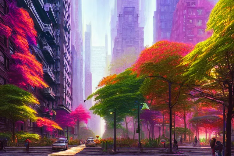 Image similar to a hyper - detailed 3 d render of a solarpunk bright vivid new york city with colorful trees and plants, surreal concept art, lifelike, photorealistic, digital painting, aesthetic, smooth, artstation hd, by greg rutkowski, klimt and nixeu and ian sprigger and wlop and krenz cushart,