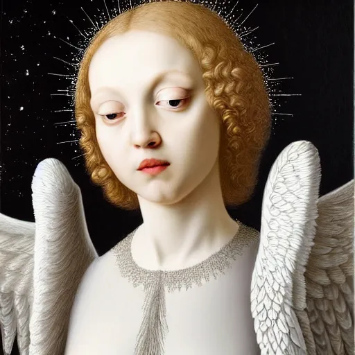 Image similar to highdetailed hyperrealistic painting of white angel!!! no gender smiling noface!!!, light instead of hands, white sparkles everywhere, 4 k hd face!!!, big silver high detailed wings!!!, renaissance, by jan van eyck, holography space, glow effect, large strokes, monochrome!!!!!