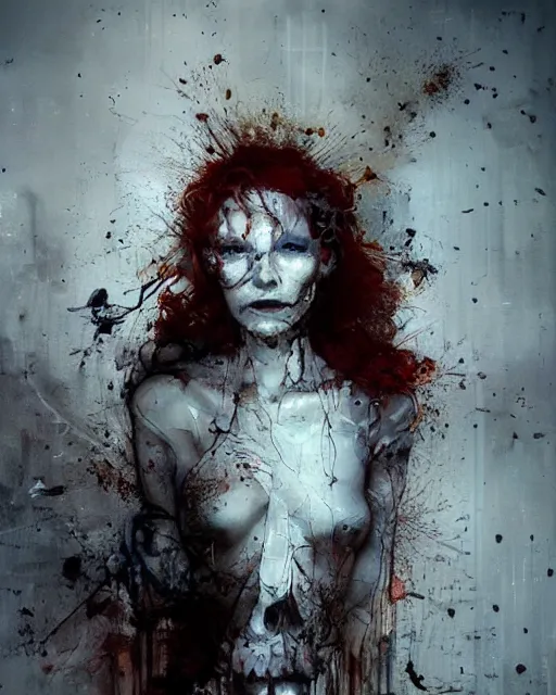 Image similar to beautiful redhead woman, wires, skulls!! machines ( by emil melmoth zdzislaw belsinki craig mullins yoji shinkawa ) realistic render ominous detailed photo atmospheric by jeremy mann francis bacon and agnes cecile ink drips paint smears!! digital glitches glitchart!!