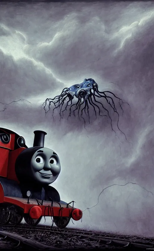 Image similar to thomas the tank engine in style of zdzisław beksinski, extremely dramatic lighting, 8 k, tendrils, black, darkness, black slime tendrils, infected, rust, body horror, thomas the train, thomas the tank engine face, horror,