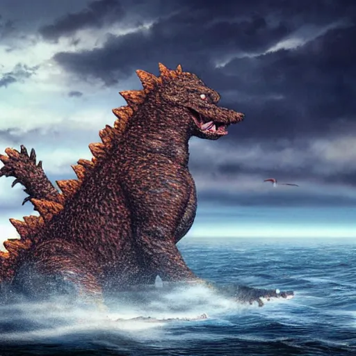 Prompt: masive 1 0 0 meters beagle dog versus godzilla over the sea, epic cinematic, 4 k, very high detail