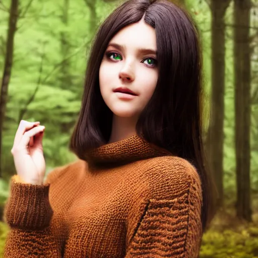 Image similar to real life photo of a beautiful girl, full body photo shoot, long black hair, brown eyes, full round face, short smile, brown sweater, forest setting, cinematic lightning, medium shot, mid - shot, highly detailed, trending on artstation, unreal engine 4 k, 8 0 mm, 8 5 mm, cinematic wallpaper