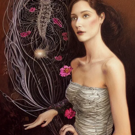 Image similar to facial portrait of a young pretty woman in flowing dress, arrogant, mysterious, long fine flowing hair, delicate, looking at camera, slightly awkward smile, realistic face, hands behind back, intricate, stylish, elegant, grimdark fantasy, flowers, extremely detailed painting inspired by Gerald Brom and Ernst Haeckel and Greg Rutkowski