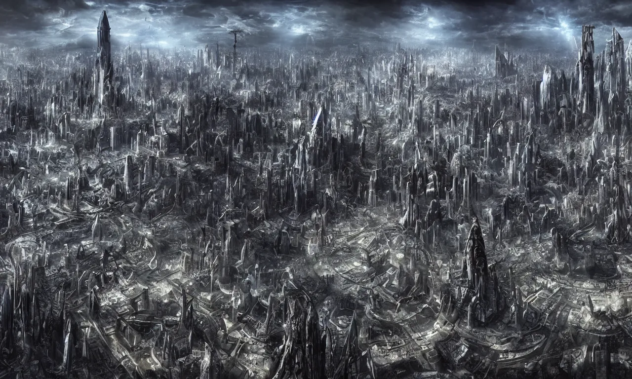 Image similar to a horrific view of a giant alien city, surrealism in the syle of Hans Ruedi Giger, Ultra HD wallpaper, 4k resolution