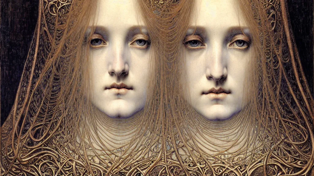 Image similar to detailed realistic beautiful young medieval queen face portrait by jean delville, gustave dore and marco mazzoni, art nouveau, symbolist, visionary, gothic, pre - raphaelite. horizontal symmetry