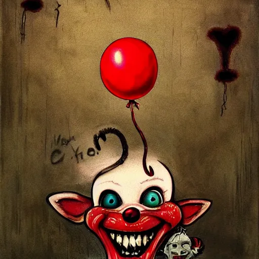 Image similar to grunge cartoon painting of a cow with a wide smile and a red balloon by chris leib, loony toons style, pennywise style, corpse bride style, horror theme, detailed, elegant, intricate